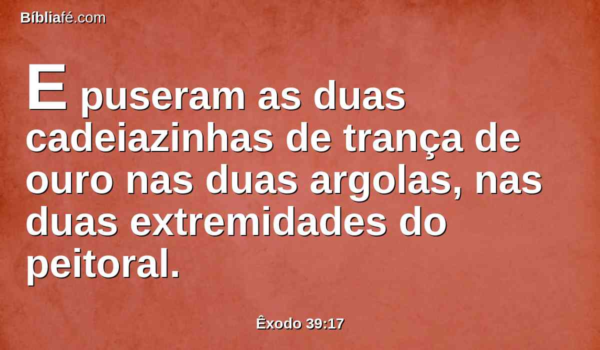 E puseram as duas cadeiazinhas de trança de ouro nas duas argolas, nas duas extremidades do peitoral.