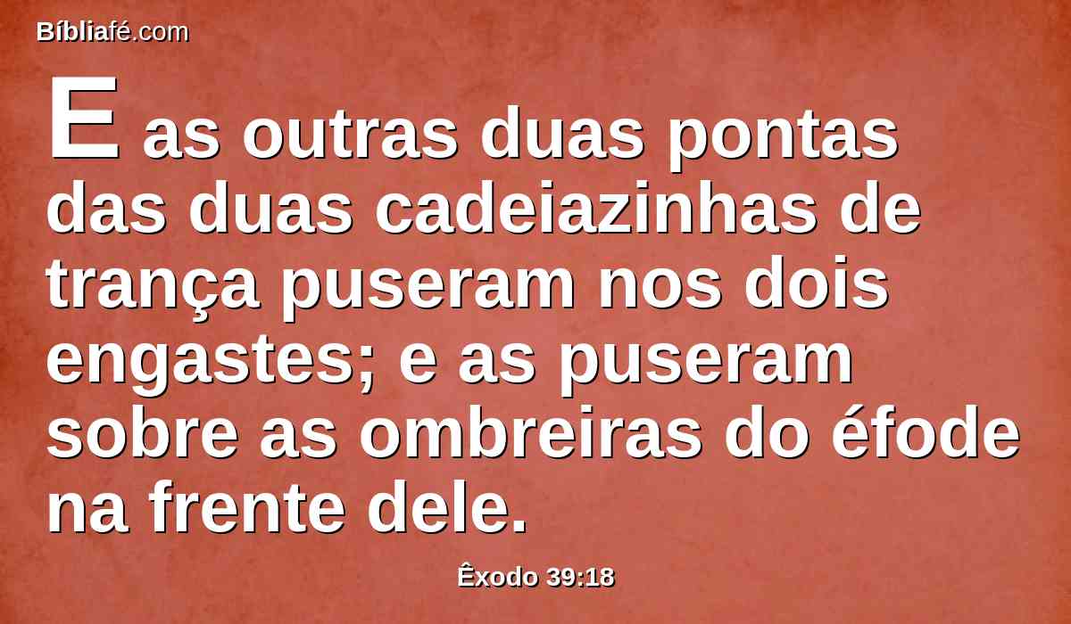 E as outras duas pontas das duas cadeiazinhas de trança puseram nos dois engastes; e as puseram sobre as ombreiras do éfode na frente dele.