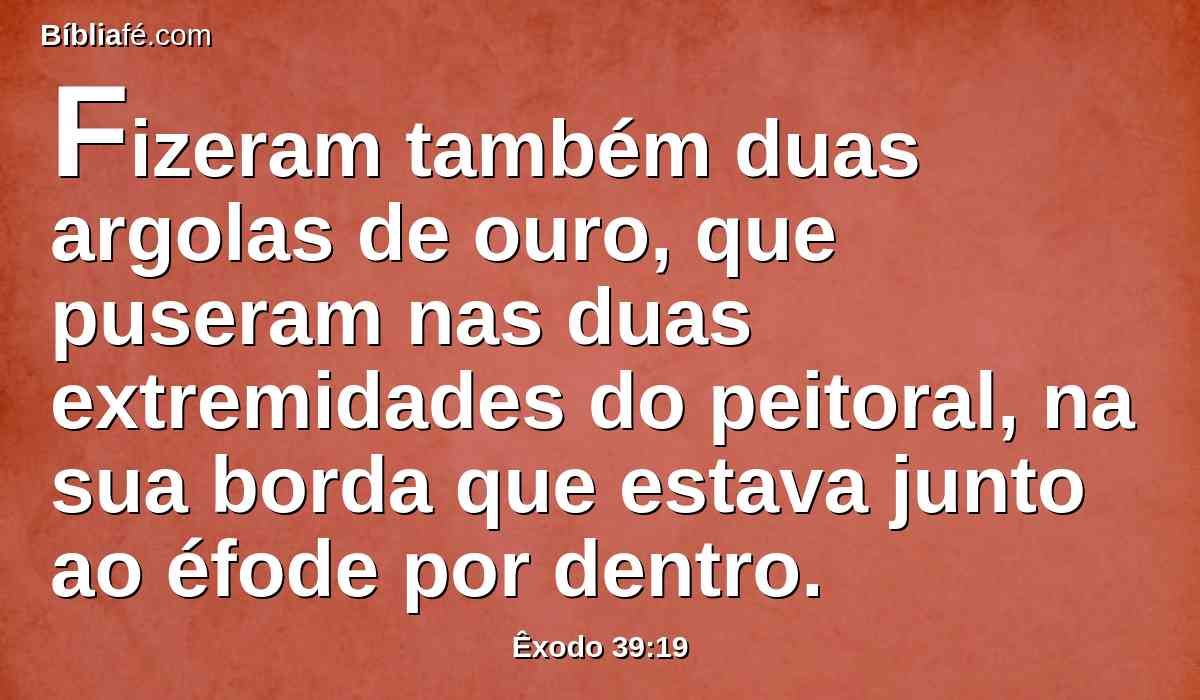 Fizeram também duas argolas de ouro, que puseram nas duas extremidades do peitoral, na sua borda que estava junto ao éfode por dentro.