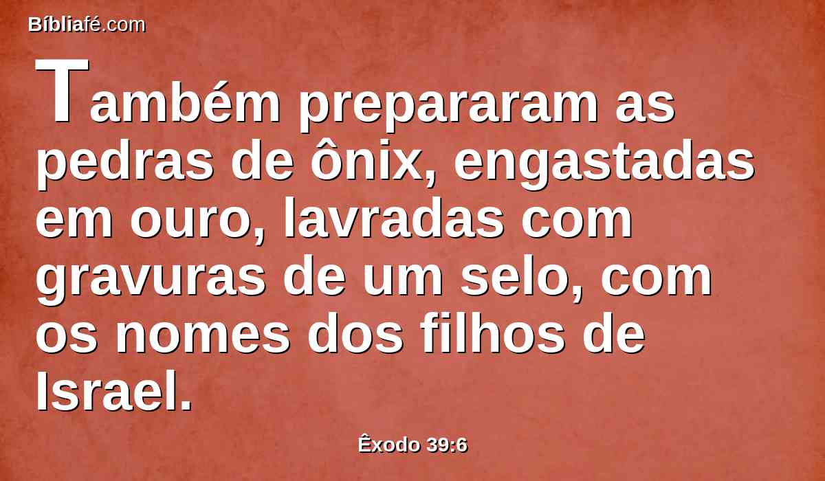 Também prepararam as pedras de ônix, engastadas em ouro, lavradas com gravuras de um selo, com os nomes dos filhos de Israel.