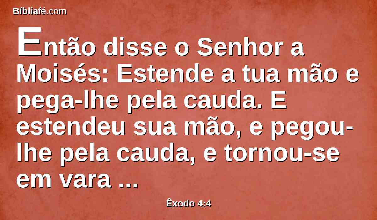 Então disse o Senhor a Moisés: Estende a tua mão e pega-lhe pela cauda. E estendeu sua mão, e pegou-lhe pela cauda, e tornou-se em vara na sua mão;