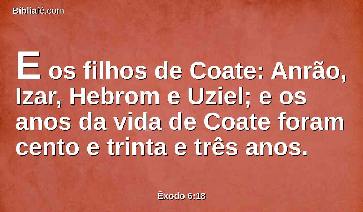 E os filhos de Coate: Anrão, Izar, Hebrom e Uziel; e os anos da vida de Coate foram cento e trinta e três anos.