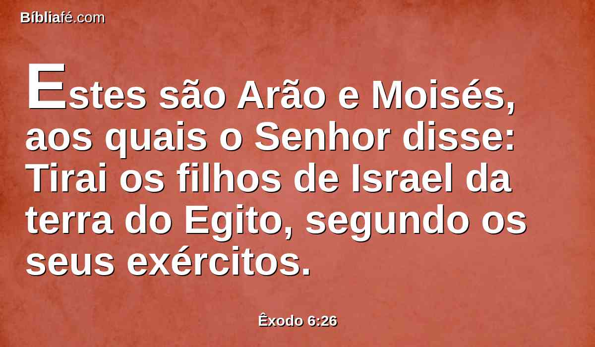 Estes são Arão e Moisés, aos quais o Senhor disse: Tirai os filhos de Israel da terra do Egito, segundo os seus exércitos.