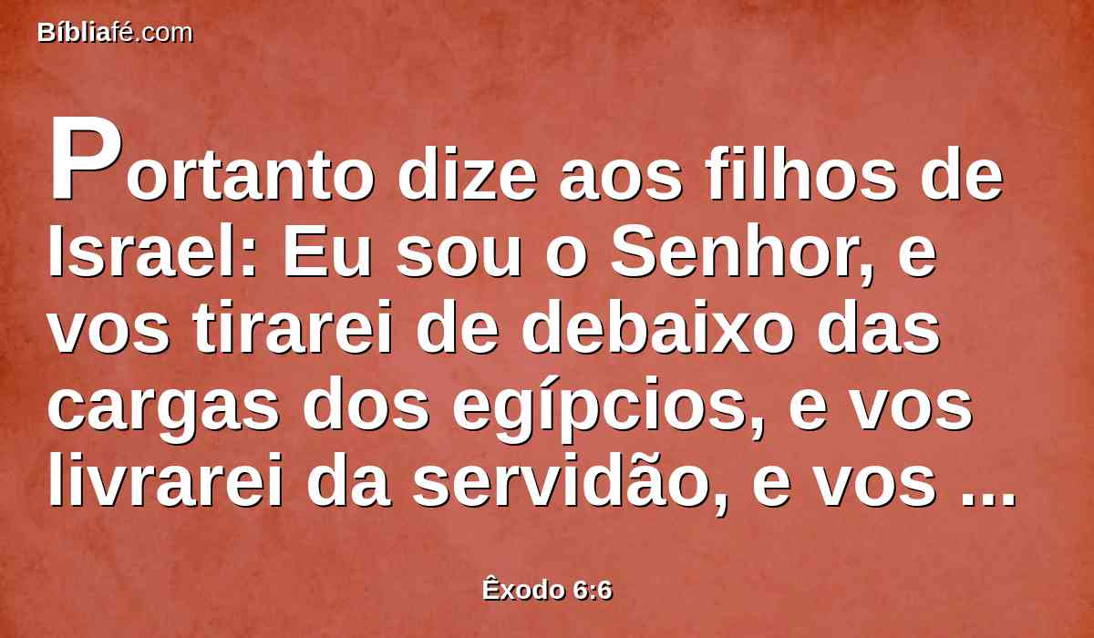 Portanto dize aos filhos de Israel: Eu sou o Senhor, e vos tirarei de debaixo das cargas dos egípcios, e vos livrarei da servidão, e vos resgatarei com braço estendido e com grandes juízos.