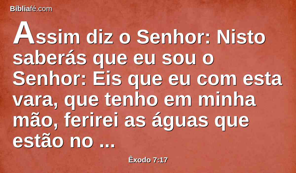 Assim diz o Senhor: Nisto saberás que eu sou o Senhor: Eis que eu com esta vara, que tenho em minha mão, ferirei as águas que estão no rio, e tornar-se-ão em sangue.