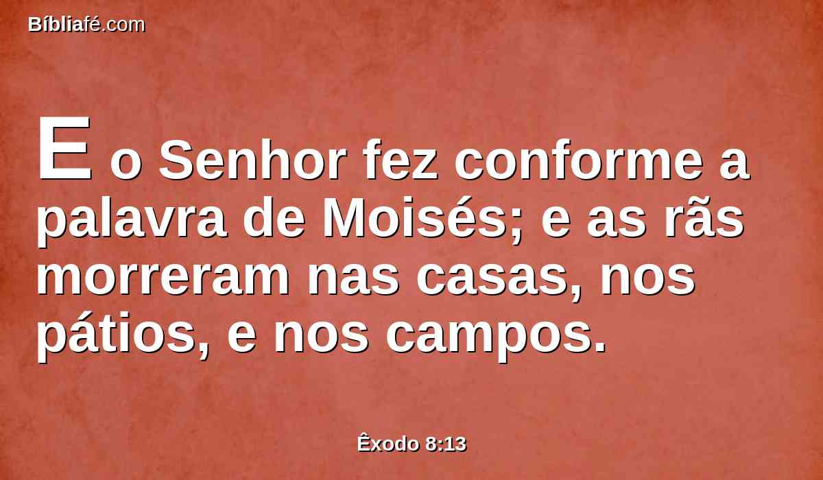 E o Senhor fez conforme a palavra de Moisés; e as rãs morreram nas casas, nos pátios, e nos campos.