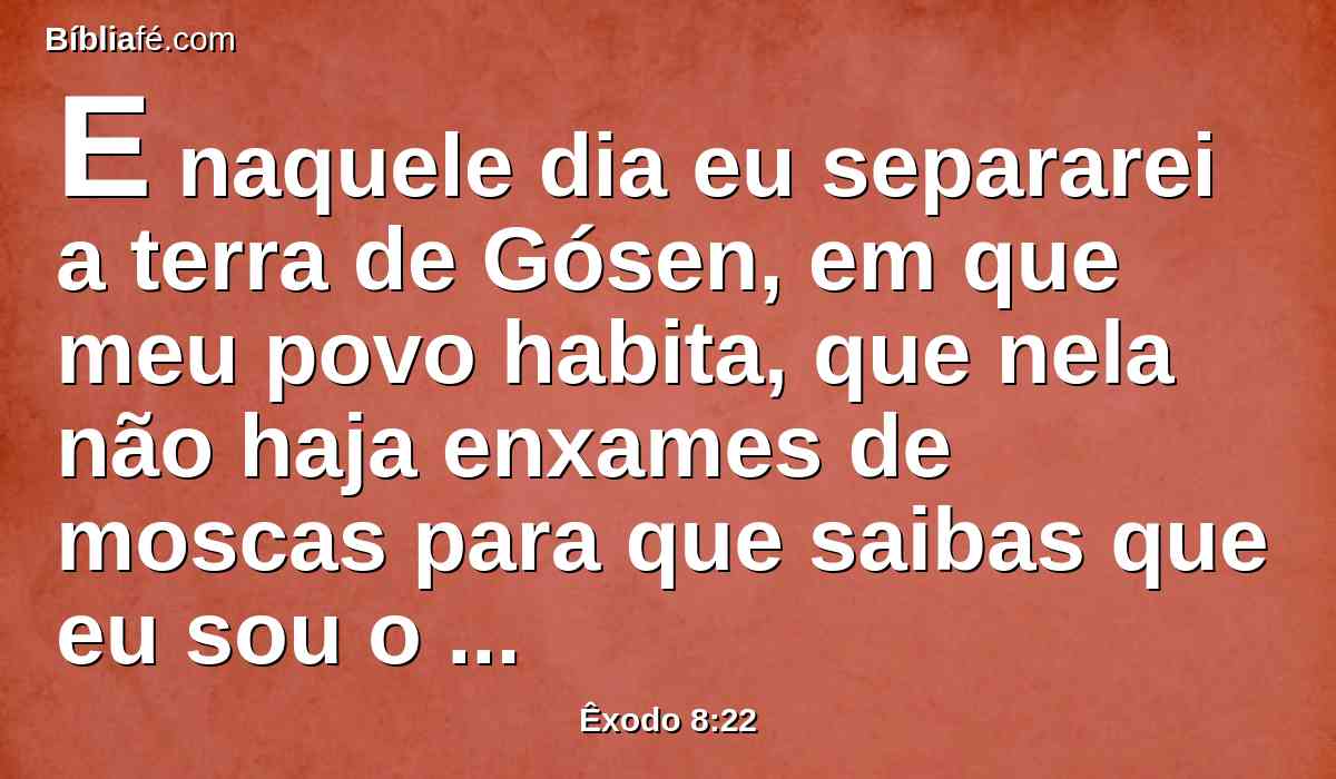 E naquele dia eu separarei a terra de Gósen, em que meu povo habita, que nela não haja enxames de moscas para que saibas que eu sou o Senhor no meio desta terra.