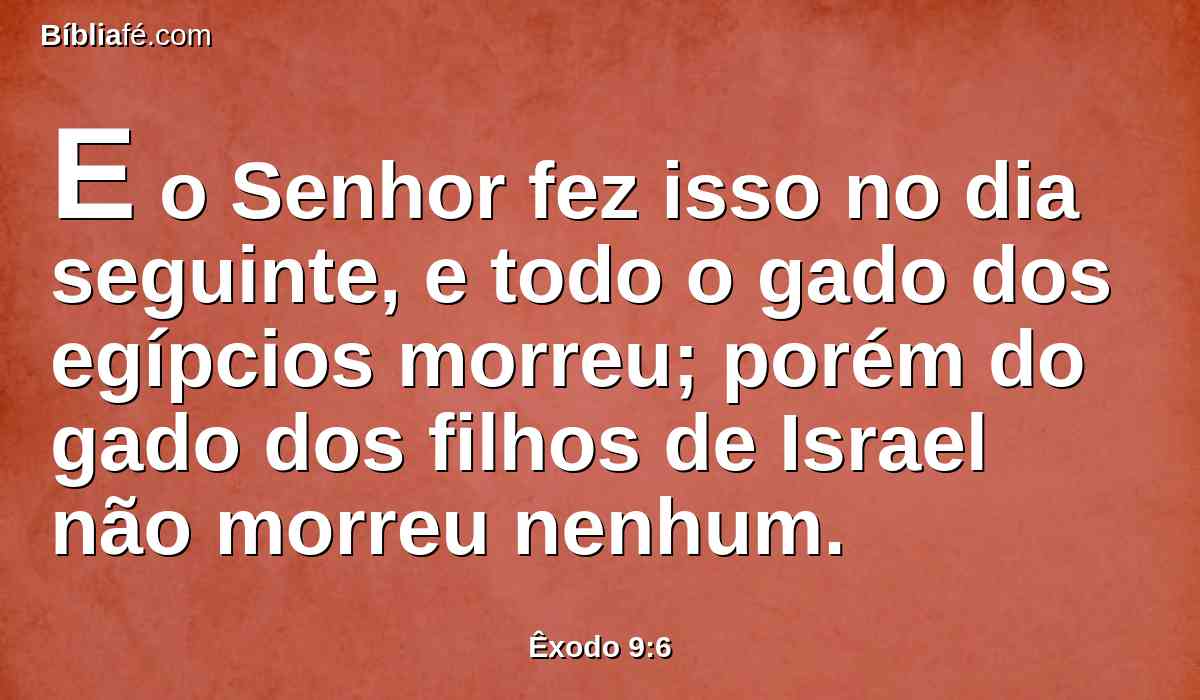 E o Senhor fez isso no dia seguinte, e todo o gado dos egípcios morreu; porém do gado dos filhos de Israel não morreu nenhum.