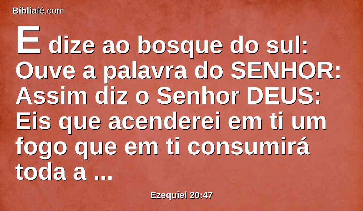 E dize ao bosque do sul: Ouve a palavra do SENHOR: Assim diz o Senhor DEUS: Eis que acenderei em ti um fogo que em ti consumirá toda a árvore verde e toda a árvore seca; não se apagará a chama flamejante, antes com ela se queimarão todos os rostos, desde o sul até ao norte.