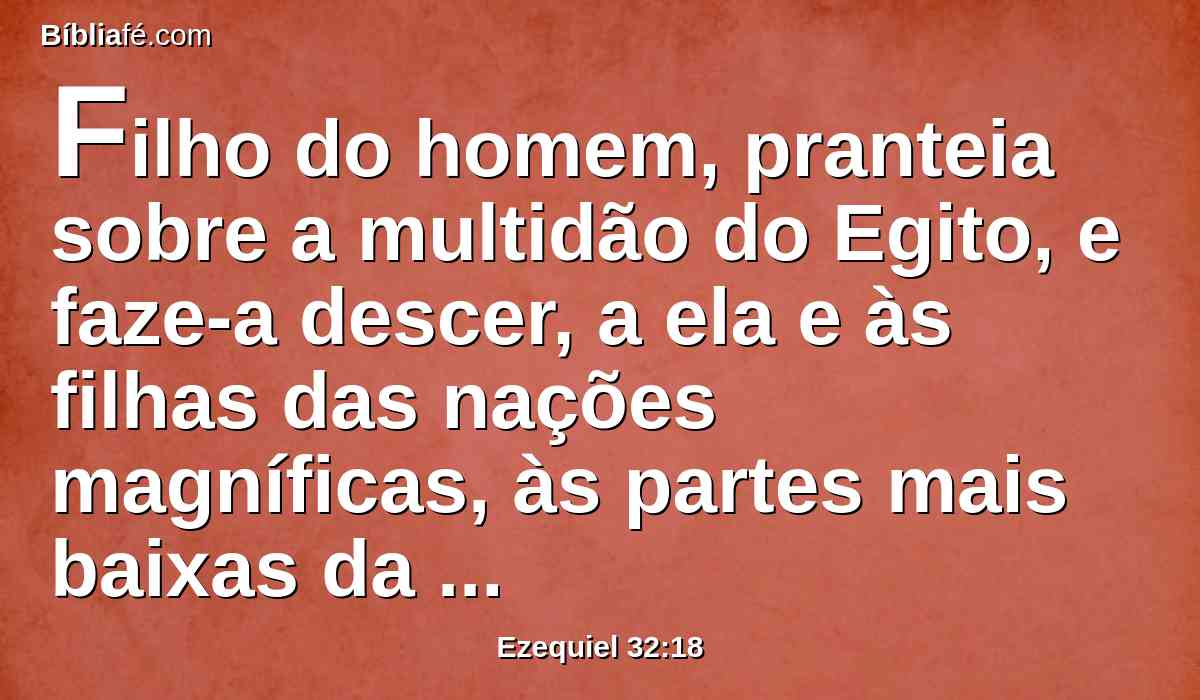 Filho do homem, pranteia sobre a multidão do Egito, e faze-a descer, a ela e às filhas das nações magníficas, às partes mais baixas da terra, juntamente com os que descem à cova.