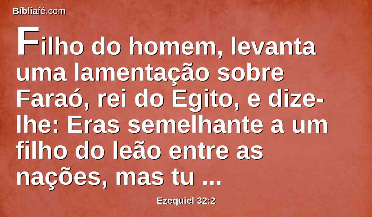 Filho do homem, levanta uma lamentação sobre Faraó, rei do Egito, e dize-lhe: Eras semelhante a um filho do leão entre as nações, mas tu és como uma baleia nos mares, e rompias os teus rios, e turbavas as águas com os teus pés, e pisavas os teus rios.