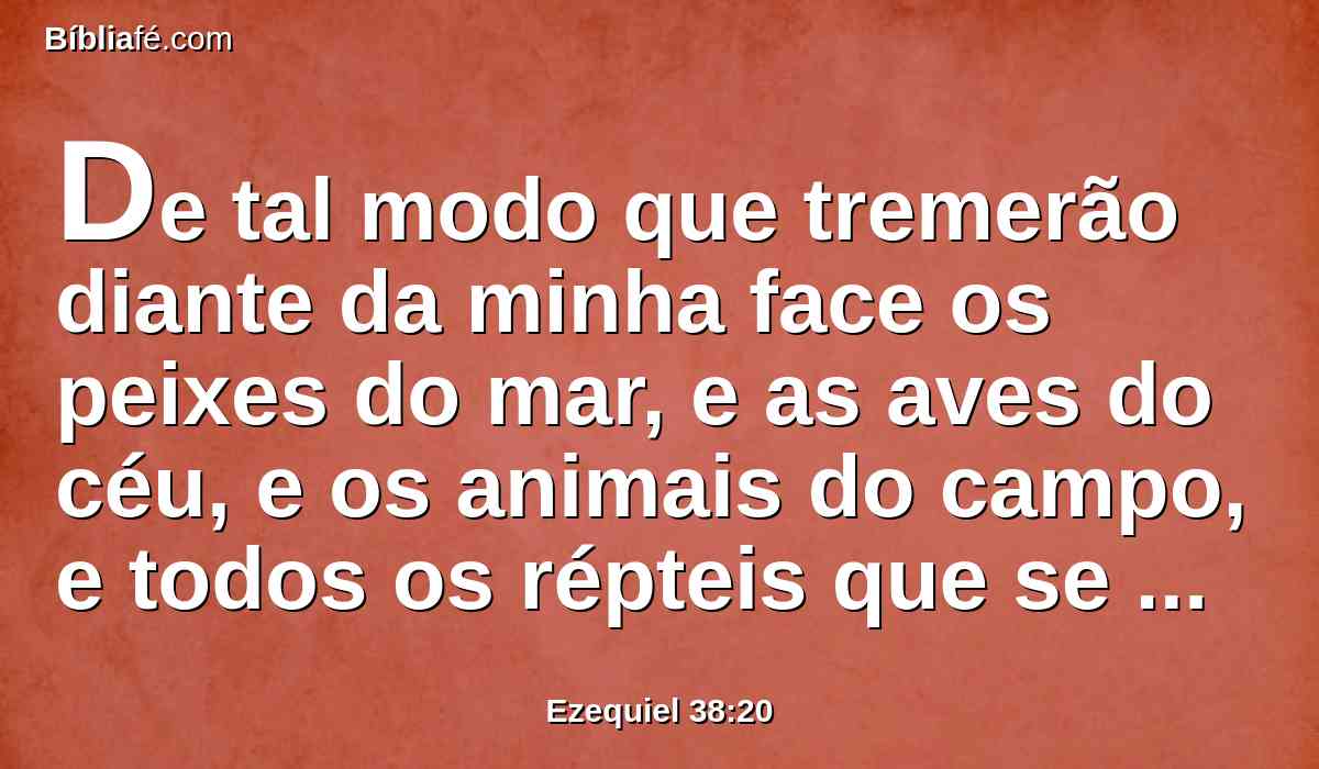 De tal modo que tremerão diante da minha face os peixes do mar, e as aves do céu, e os animais do campo, e todos os répteis que se arrastam sobre a terra, e todos os homens que estão sobre a face da terra; e os montes serão deitados abaixo, e os precipícios se desfarão, e todos os muros desabarão por terra.