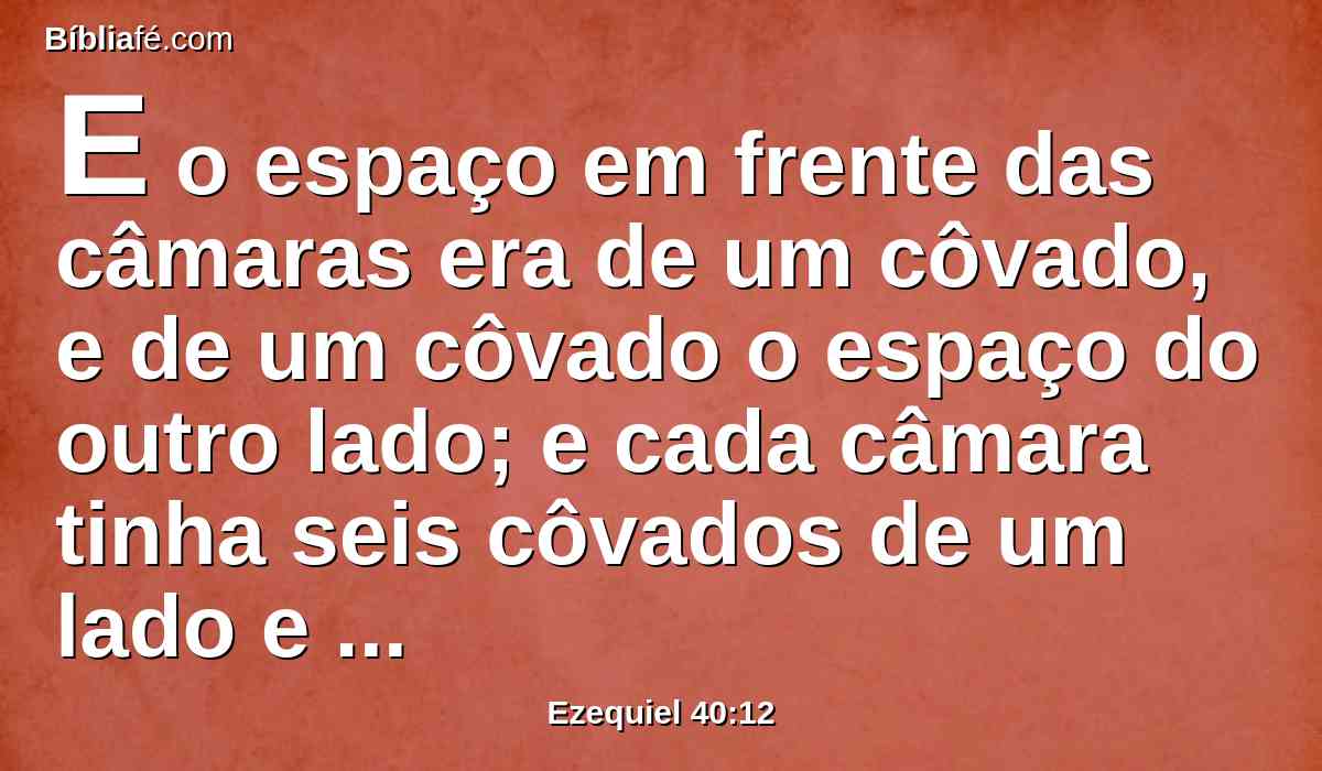 E o espaço em frente das câmaras era de um côvado, e de um côvado o espaço do outro lado; e cada câmara tinha seis côvados de um lado e seis côvados do outro.