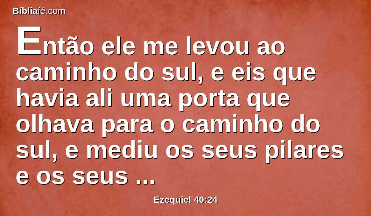 Então ele me levou ao caminho do sul, e eis que havia ali uma porta que olhava para o caminho do sul, e mediu os seus pilares e os seus arcos conforme estas medidas.