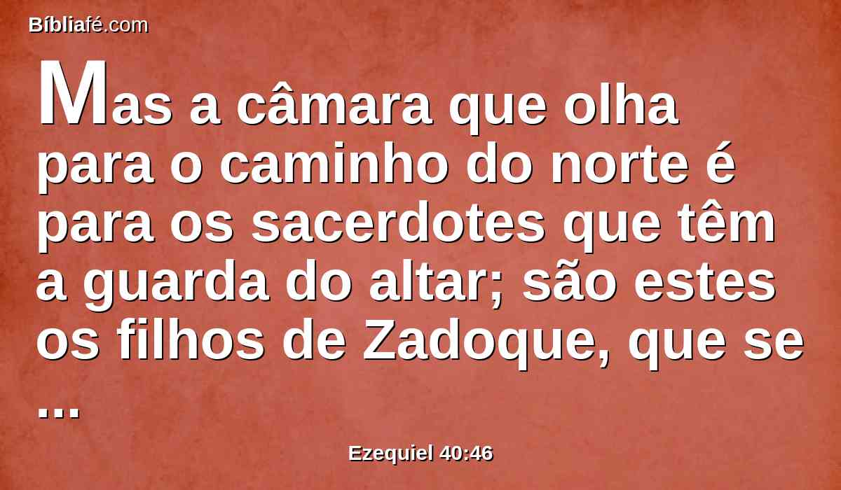 Mas a câmara que olha para o caminho do norte é para os sacerdotes que têm a guarda do altar; são estes os filhos de Zadoque, que se chegam ao Senhor, dentre os filhos de Levi, para o servir.