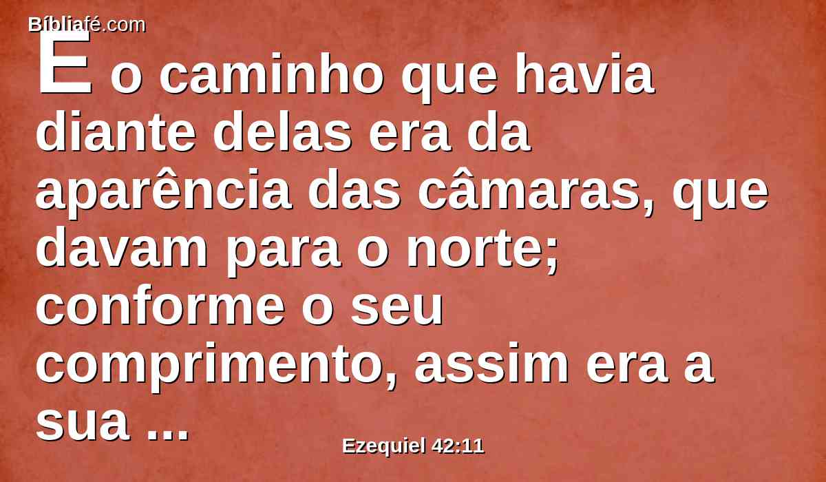 E o caminho que havia diante delas era da aparência das câmaras, que davam para o norte; conforme o seu comprimento, assim era a sua largura; e todas as suas saídas eram também conforme os seus padrões, e conforme as suas entradas.