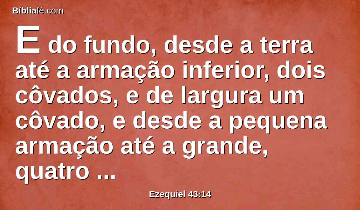 E do fundo, desde a terra até a armação inferior, dois côvados, e de largura um côvado, e desde a pequena armação até a grande, quatro côvados, e a largura de um côvado.