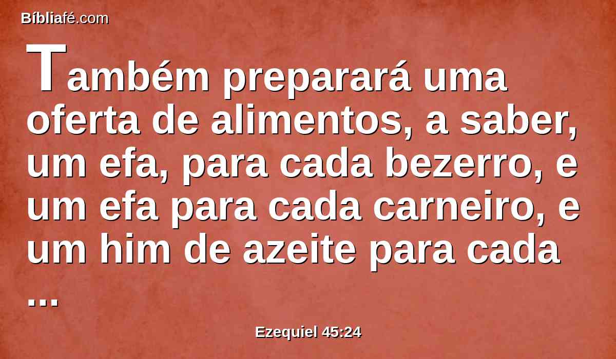 Também preparará uma oferta de alimentos, a saber, um efa, para cada bezerro, e um efa para cada carneiro, e um him de azeite para cada efa.