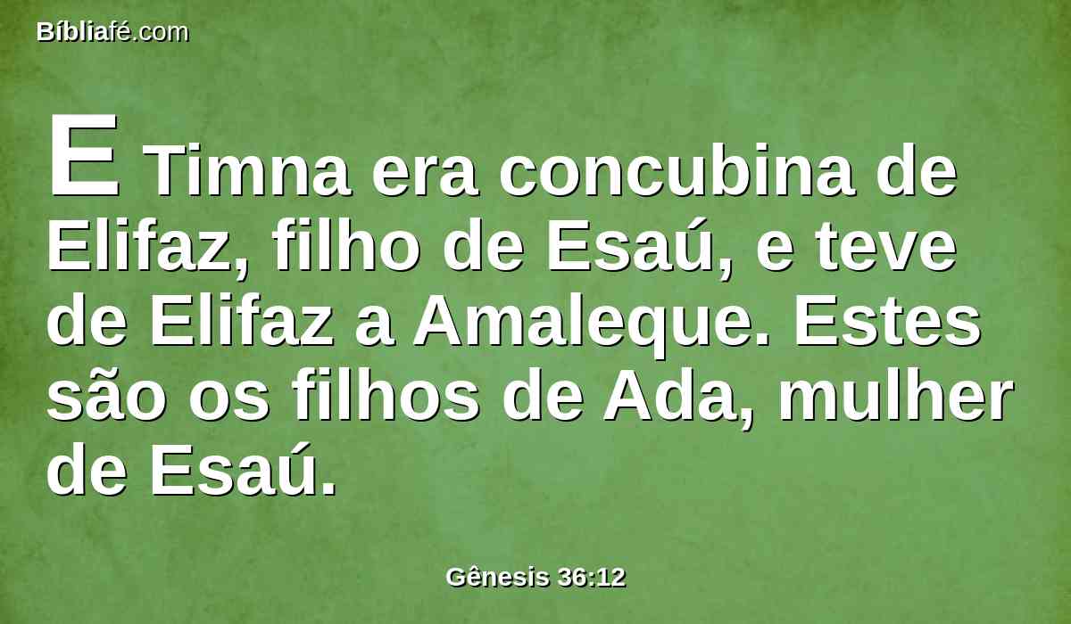 E Timna era concubina de Elifaz, filho de Esaú, e teve de Elifaz a Amaleque. Estes são os filhos de Ada, mulher de Esaú.