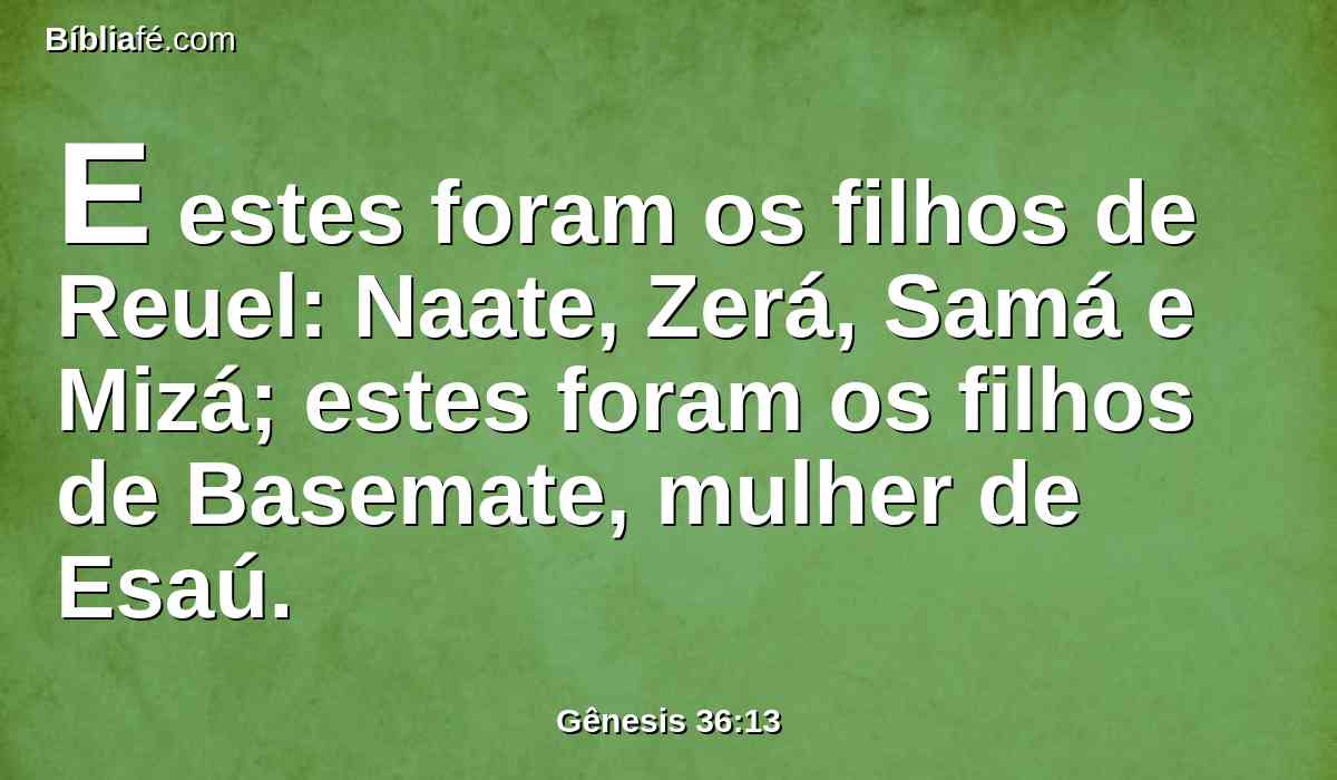 E estes foram os filhos de Reuel: Naate, Zerá, Samá e Mizá; estes foram os filhos de Basemate, mulher de Esaú.