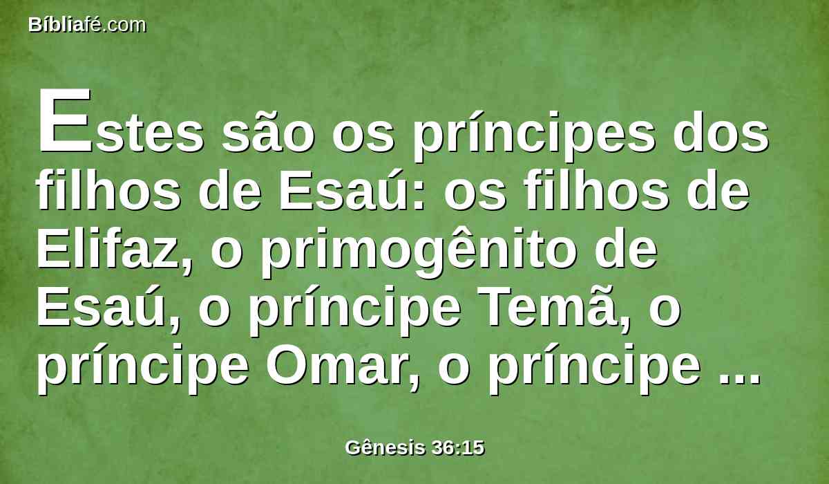 Estes são os príncipes dos filhos de Esaú: os filhos de Elifaz, o primogênito de Esaú, o príncipe Temã, o príncipe Omar, o príncipe Zefô, o príncipe Quenaz.