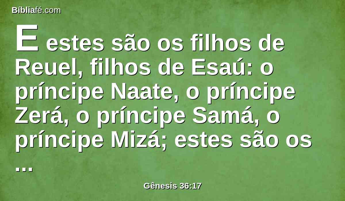 E estes são os filhos de Reuel, filhos de Esaú: o príncipe Naate, o príncipe Zerá, o príncipe Samá, o príncipe Mizá; estes são os príncipes de Reuel, na terra de Edom; estes são os filhos de Basemate, mulher de Esaú.