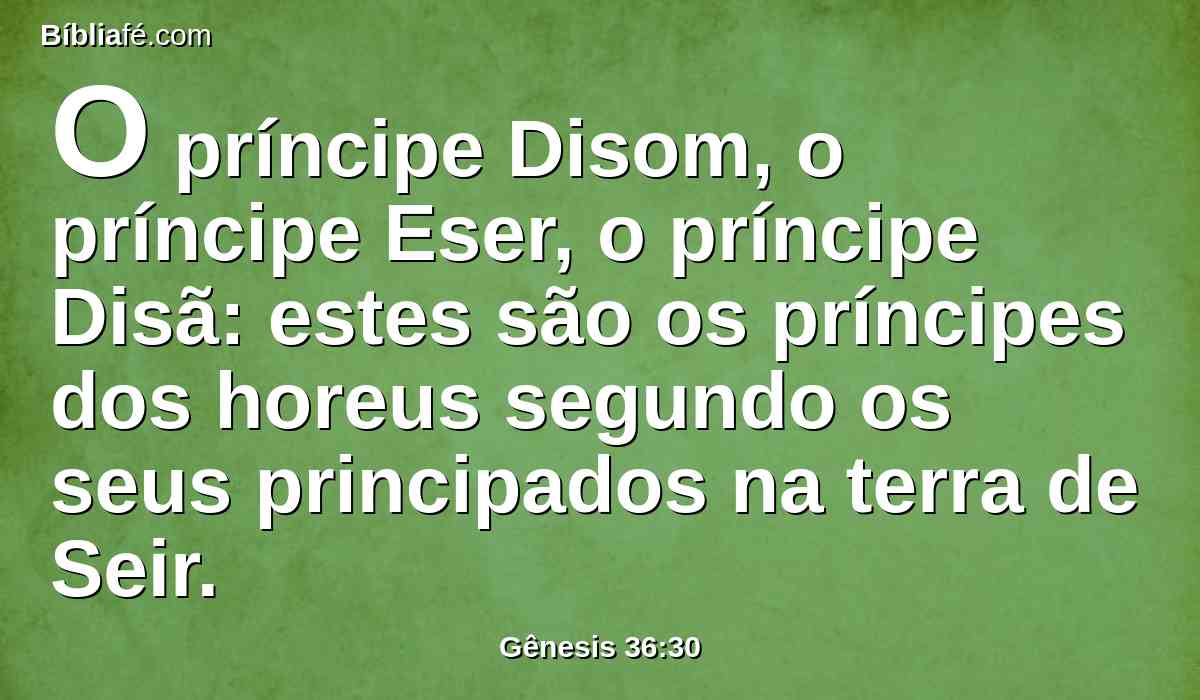 O príncipe Disom, o príncipe Eser, o príncipe Disã: estes são os príncipes dos horeus segundo os seus principados na terra de Seir.