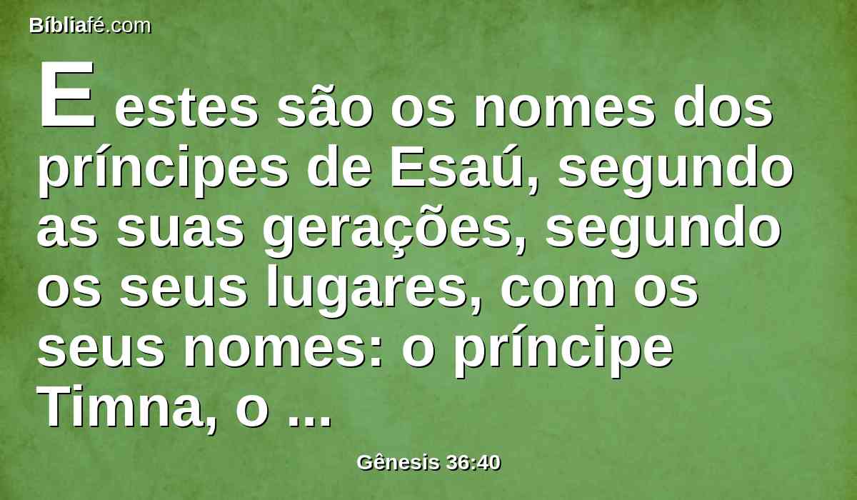 E estes são os nomes dos príncipes de Esaú, segundo as suas gerações, segundo os seus lugares, com os seus nomes: o príncipe Timna, o príncipe Alva, o príncipe Jetete,