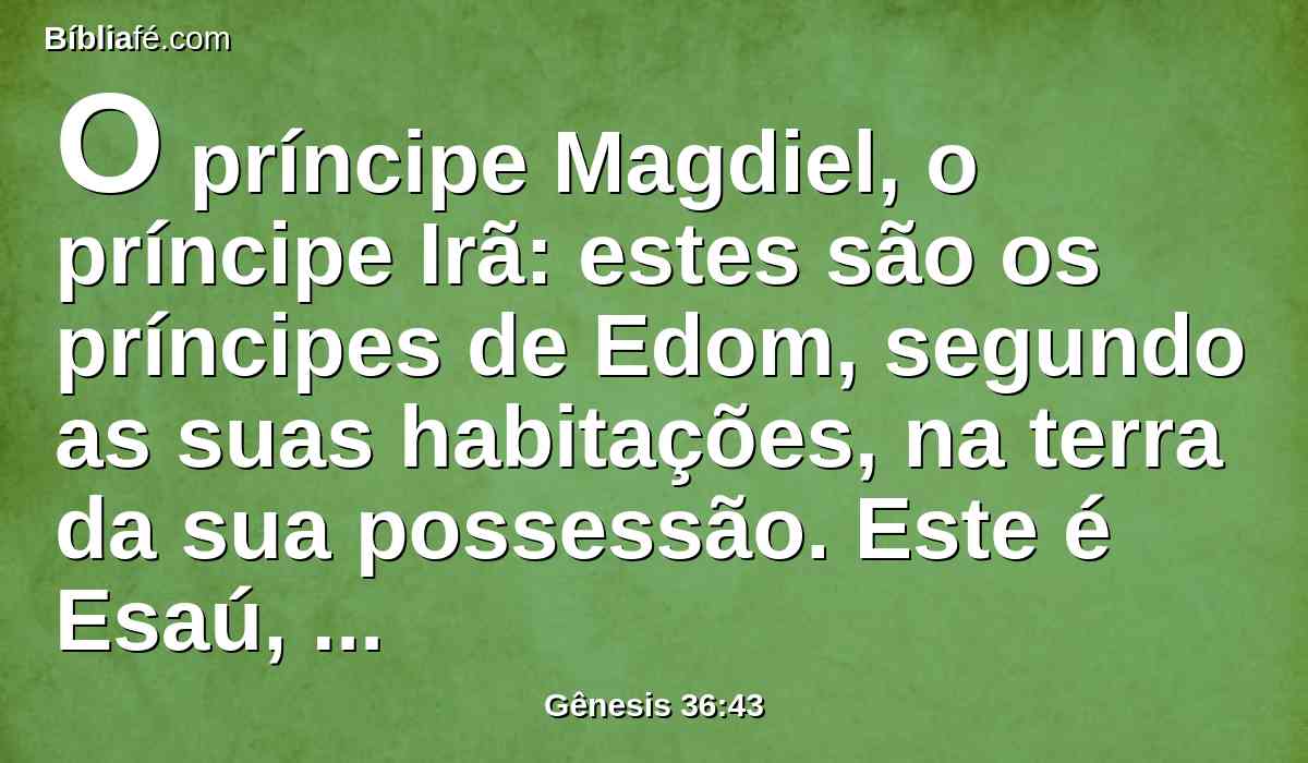 O príncipe Magdiel, o príncipe Irã: estes são os príncipes de Edom, segundo as suas habitações, na terra da sua possessão. Este é Esaú, pai de Edom.