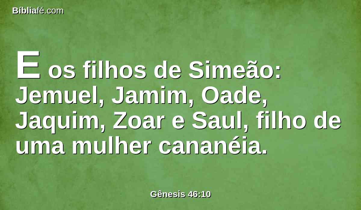 E os filhos de Simeão: Jemuel, Jamim, Oade, Jaquim, Zoar e Saul, filho de uma mulher cananéia.