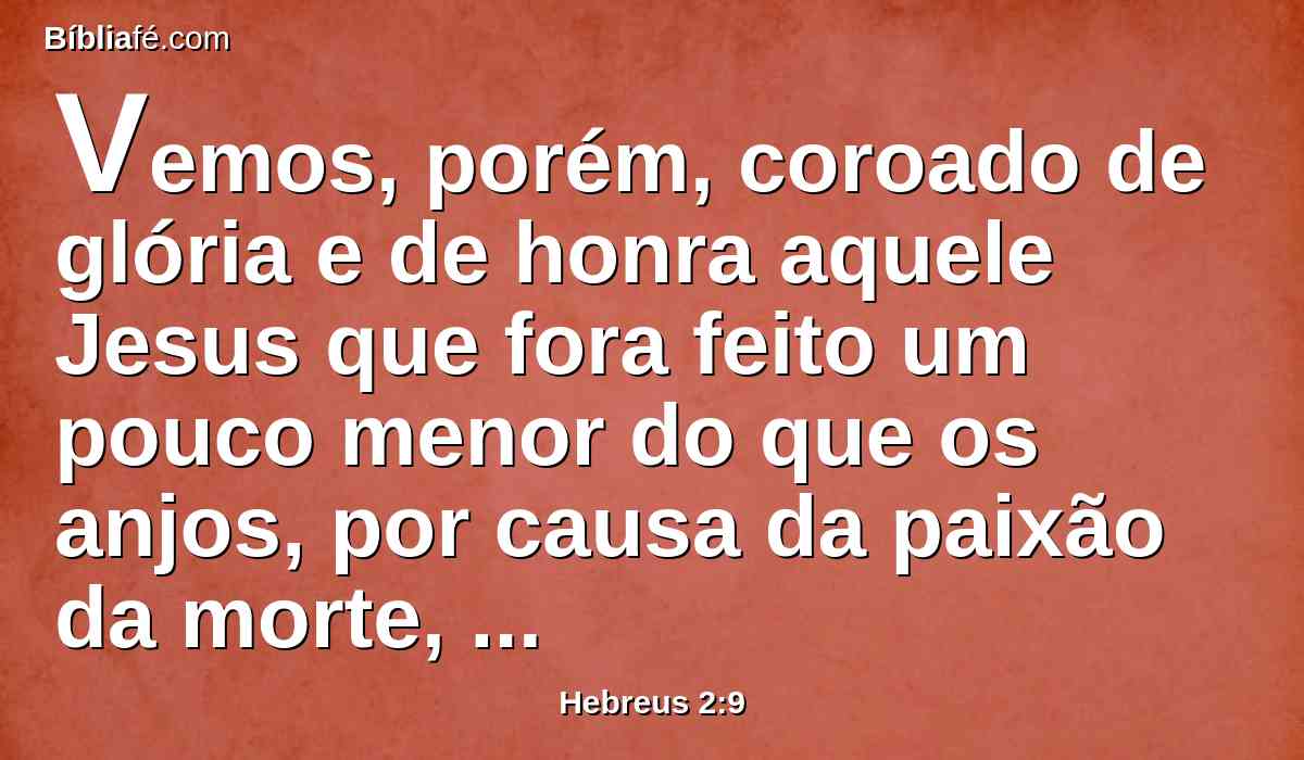Vemos, porém, coroado de glória e de honra aquele Jesus que fora feito um pouco menor do que os anjos, por causa da paixão da morte, para que, pela graça de Deus, provasse a morte por todos.
