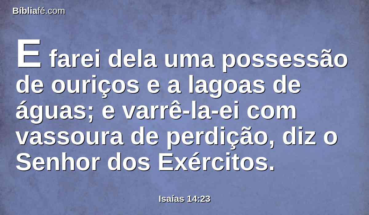 E farei dela uma possessão de ouriços e a lagoas de águas; e varrê-la-ei com vassoura de perdição, diz o Senhor dos Exércitos.