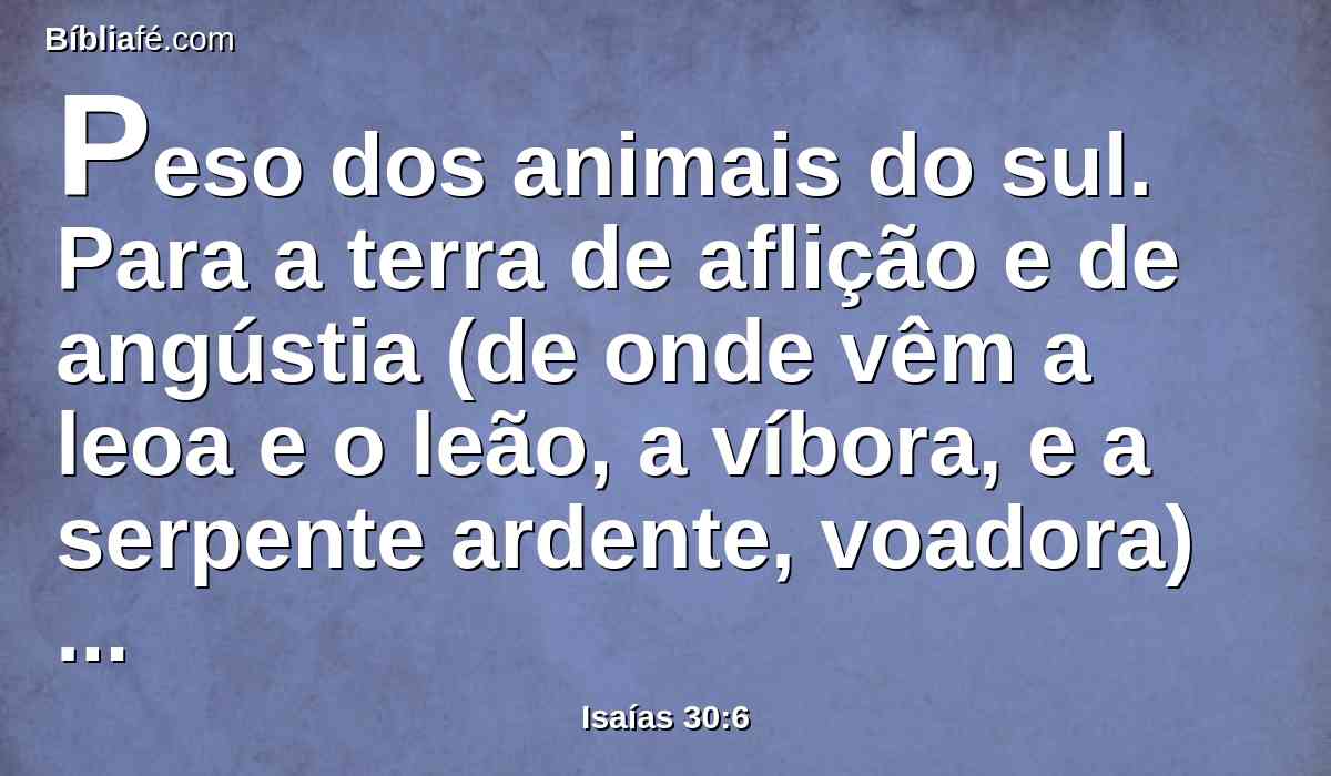 Peso dos animais do sul. Para a terra de aflição e de angústia (de onde vêm a leoa e o leão, a víbora, e a serpente ardente, voadora) levarão às costas de jumentinhos as suas riquezas, e sobre as corcovas de camelos os seus tesouros, a um povo que de nada lhes aproveitará.