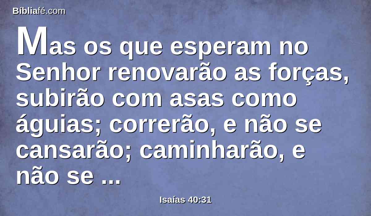 Mas os que esperam no Senhor renovarão as forças, subirão com asas como águias; correrão, e não se cansarão; caminharão, e não se fatigarão.