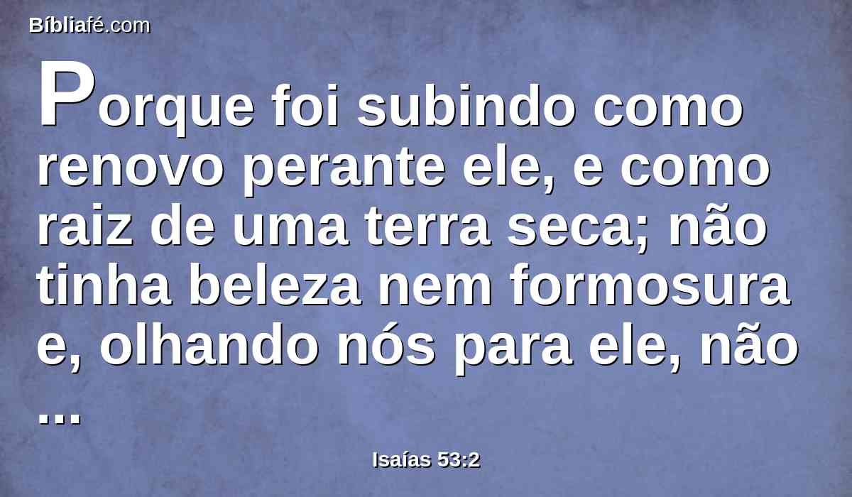 Porque foi subindo como renovo perante ele, e como raiz de uma terra seca; não tinha beleza nem formosura e, olhando nós para ele, não havia boa aparência nele, para que o desejássemos.