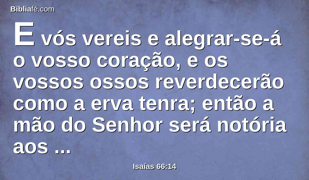 E vós vereis e alegrar-se-á o vosso coração, e os vossos ossos reverdecerão como a erva tenra; então a mão do Senhor será notória aos seus servos, e ele se indignará contra os seus inimigos.