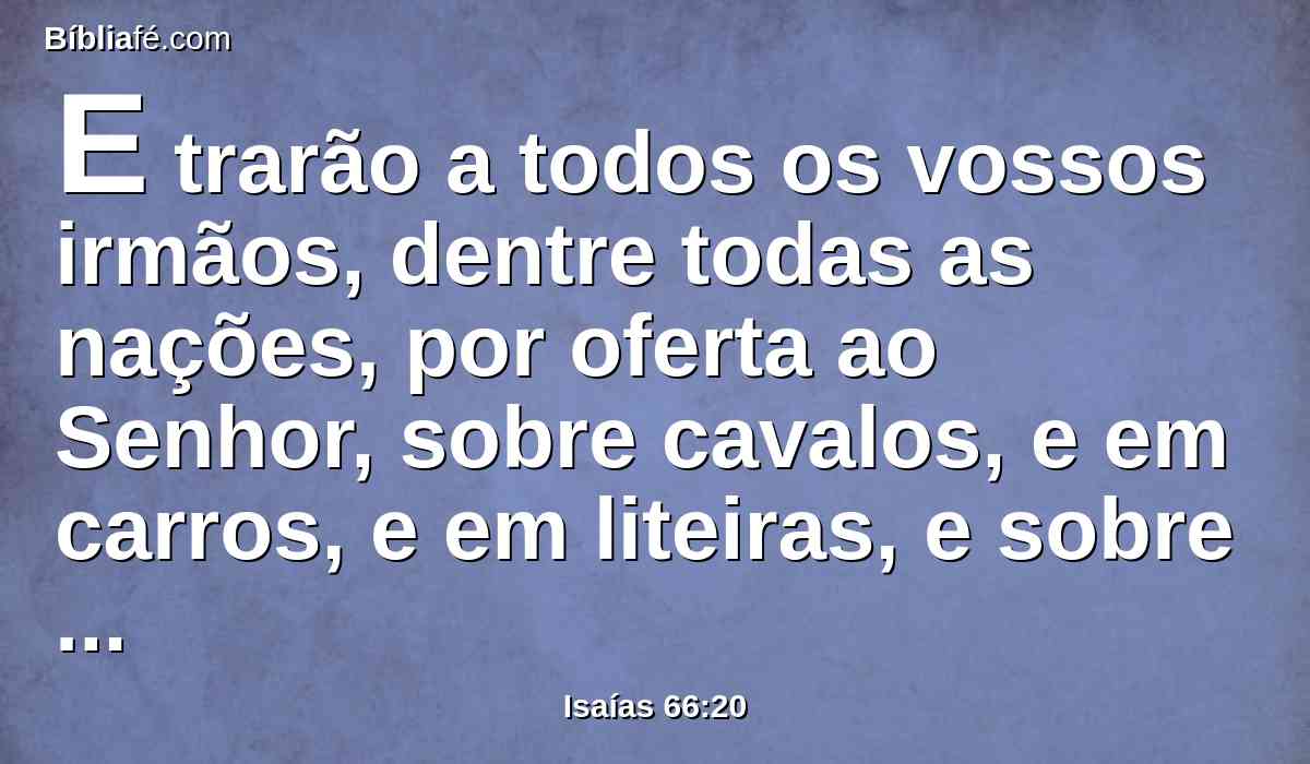 E trarão a todos os vossos irmãos, dentre todas as nações, por oferta ao Senhor, sobre cavalos, e em carros, e em liteiras, e sobre mulas, e sobre dromedários, trarão ao meu santo monte, a Jerusalém, diz o Senhor; como quando os filhos de Israel trazem as suas ofertas em vasos limpos à casa do Senhor.