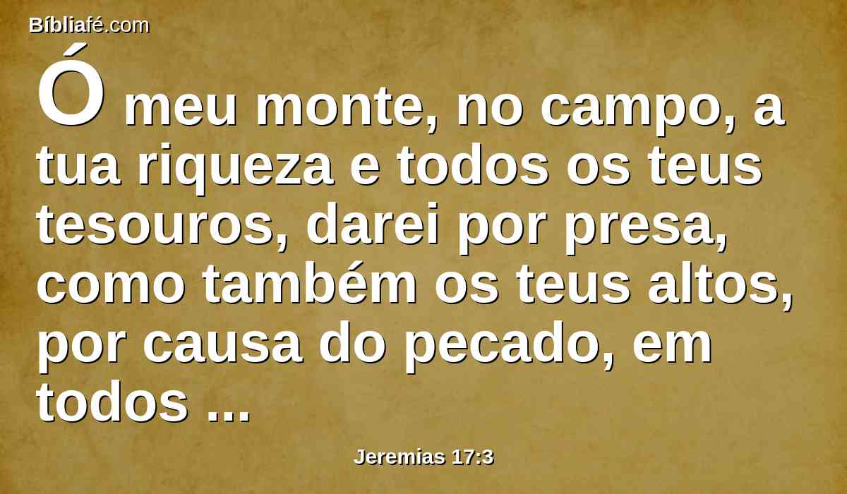 Ó meu monte, no campo, a tua riqueza e todos os teus tesouros, darei por presa, como também os teus altos, por causa do pecado, em todos os teus termos.