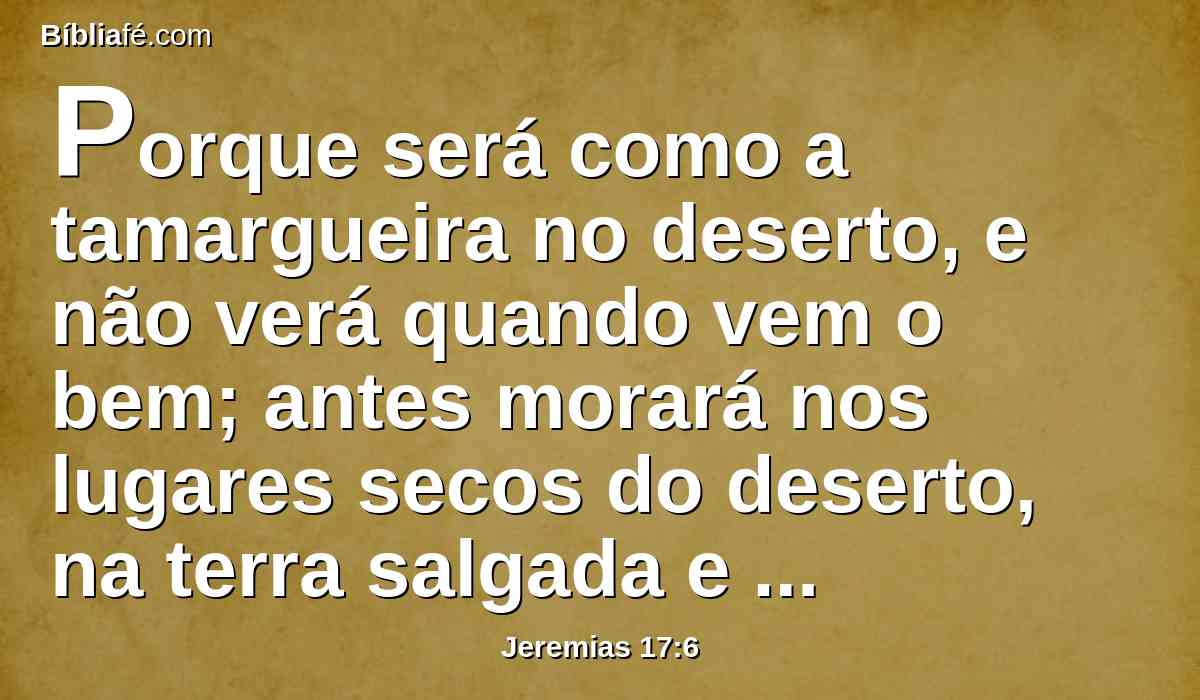 Porque será como a tamargueira no deserto, e não verá quando vem o bem; antes morará nos lugares secos do deserto, na terra salgada e inabitável.