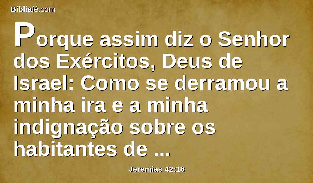 Porque assim diz o Senhor dos Exércitos, Deus de Israel: Como se derramou a minha ira e a minha indignação sobre os habitantes de Jerusalém, assim se derramará a minha indignação sobre vós, quando entrardes no Egito; e sereis objeto de maldição, e de espanto, e de execração, e de opróbrio, e não vereis mais este lugar.