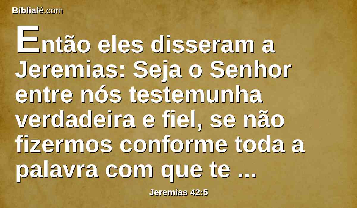 Então eles disseram a Jeremias: Seja o Senhor entre nós testemunha verdadeira e fiel, se não fizermos conforme toda a palavra com que te enviar a nós o Senhor teu Deus.