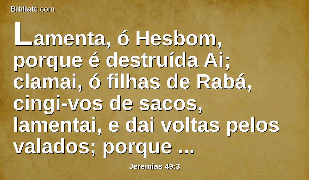 Lamenta, ó Hesbom, porque é destruída Ai; clamai, ó filhas de Rabá, cingi-vos de sacos, lamentai, e dai voltas pelos valados; porque Malcã irá em cativeiro, juntamente com seus sacerdotes e os seus príncipes.