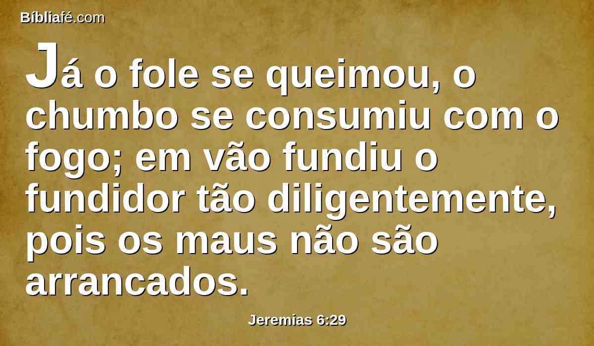 Já o fole se queimou, o chumbo se consumiu com o fogo; em vão fundiu o fundidor tão diligentemente, pois os maus não são arrancados.