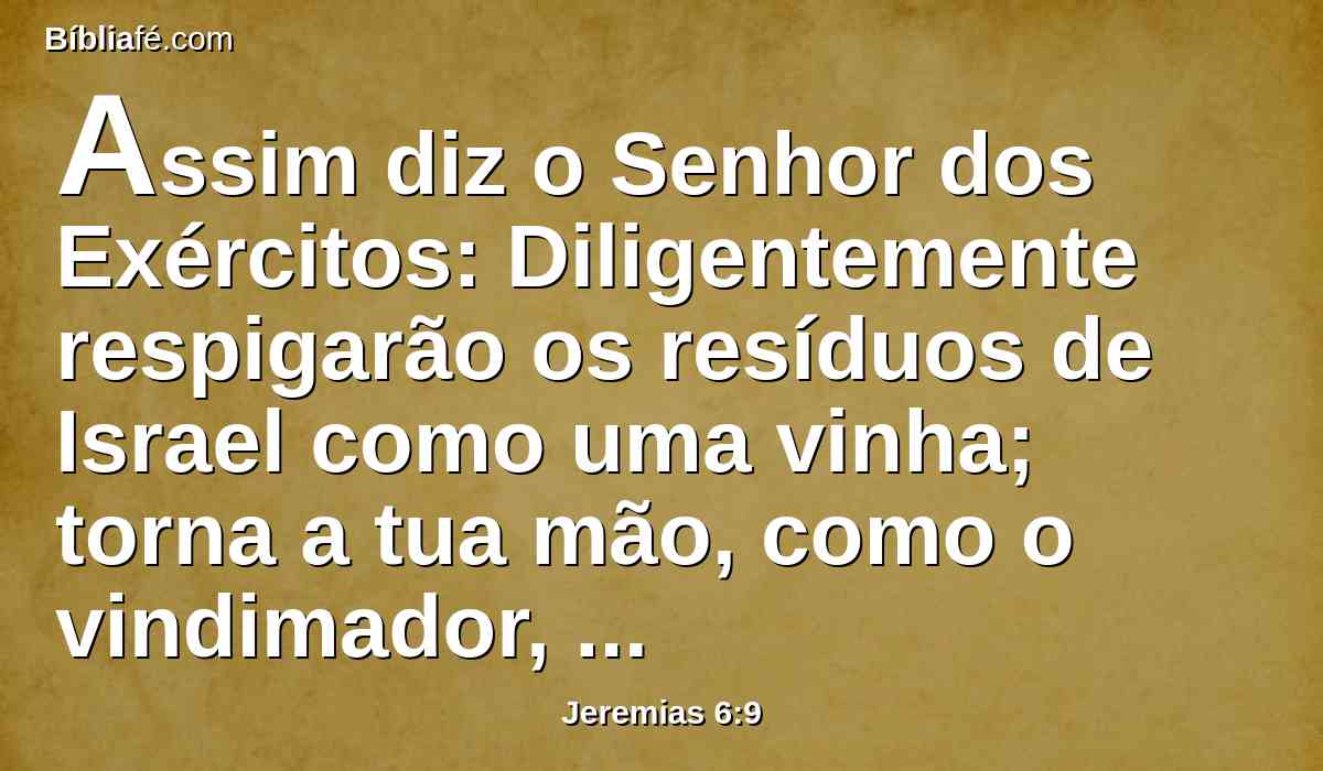 Assim diz o Senhor dos Exércitos: Diligentemente respigarão os resíduos de Israel como uma vinha; torna a tua mão, como o vindimador, aos cestos.