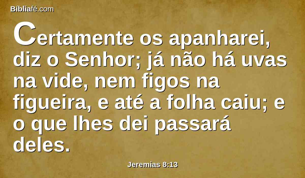 Certamente os apanharei, diz o Senhor; já não há uvas na vide, nem figos na figueira, e até a folha caiu; e o que lhes dei passará deles.