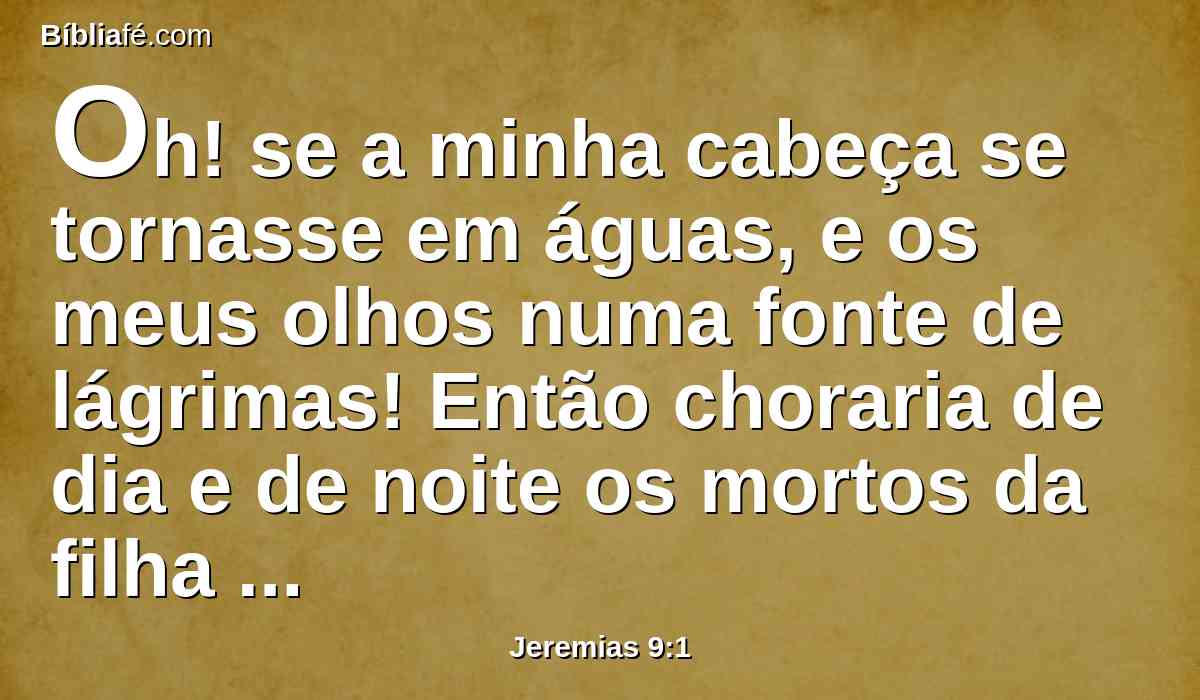 Oh! se a minha cabeça se tornasse em águas, e os meus olhos numa fonte de lágrimas! Então choraria de dia e de noite os mortos da filha do meu povo.