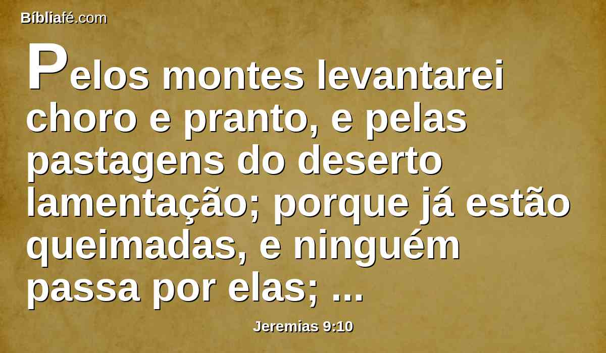 Pelos montes levantarei choro e pranto, e pelas pastagens do deserto lamentação; porque já estão queimadas, e ninguém passa por elas; nem se ouve mugido de gado; desde as aves dos céus, até os animais, andaram vagueando, e fugiram.