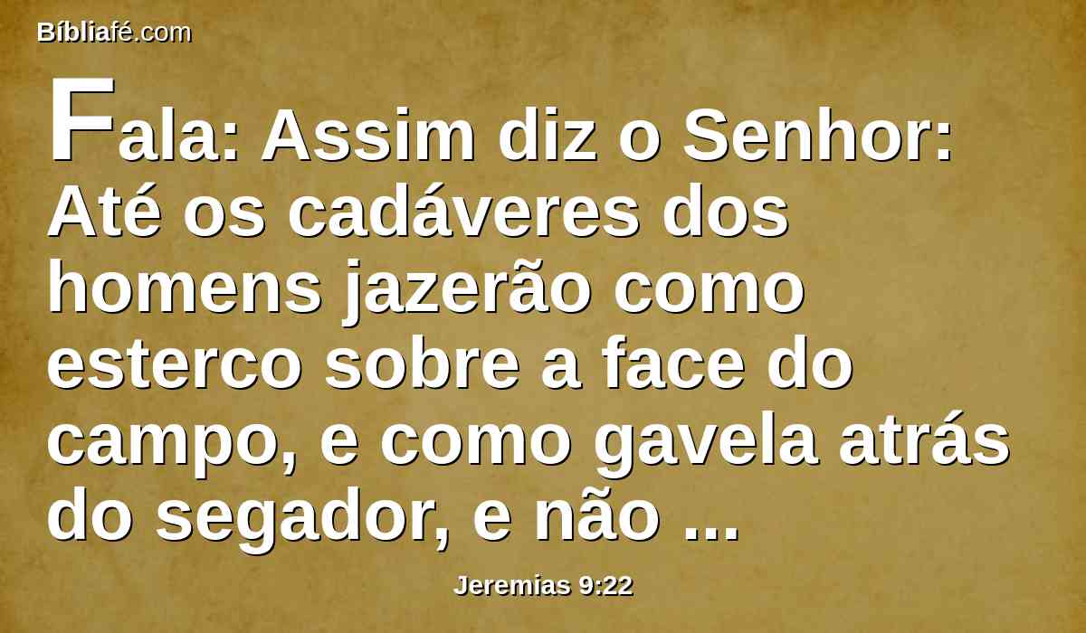 Fala: Assim diz o Senhor: Até os cadáveres dos homens jazerão como esterco sobre a face do campo, e como gavela atrás do segador, e não há quem a recolha.