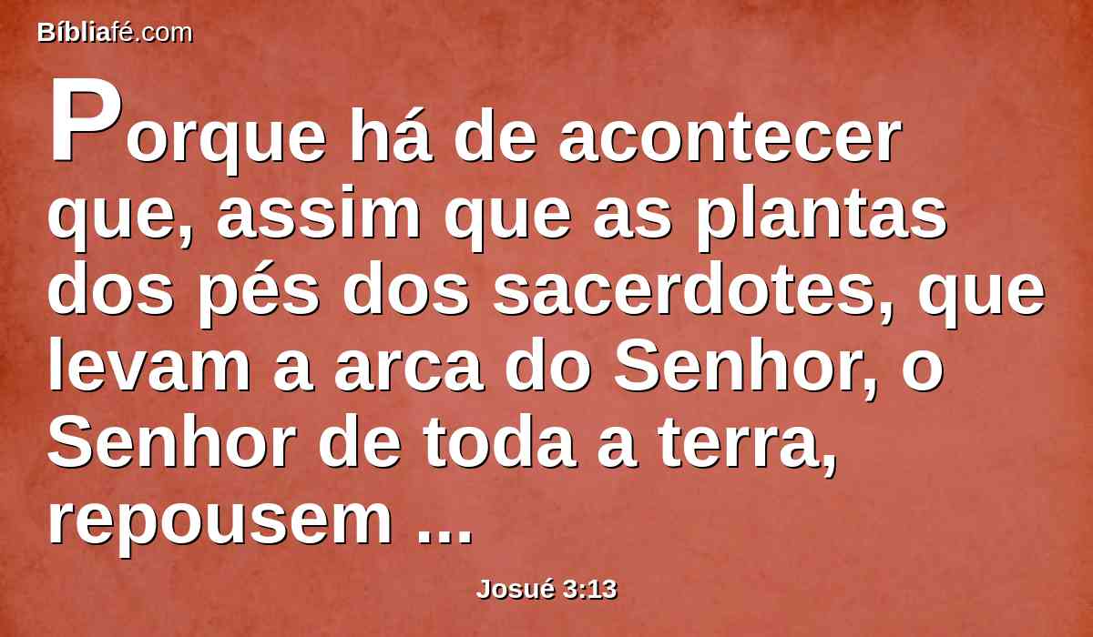 Porque há de acontecer que, assim que as plantas dos pés dos sacerdotes, que levam a arca do Senhor, o Senhor de toda a terra, repousem nas águas do Jordão, se separarão as águas do Jordão, e as águas, que vêm de cima, pararão amontoadas.