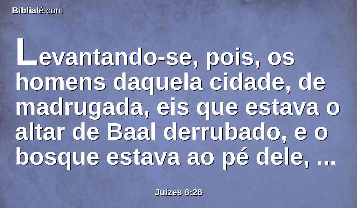 Levantando-se, pois, os homens daquela cidade, de madrugada, eis que estava o altar de Baal derrubado, e o bosque estava ao pé dele, cortado; e o segundo boi oferecido no altar que fora edificado.